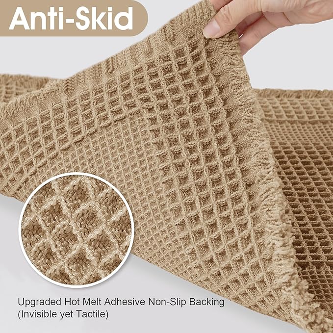 Extra Large Waffle Bath Mat, 5'x2' Beige-Looped, Super Absorbent Non-Slip Quick Dry Bathroom Rugs with Tassels, Machine Washable Ultra Soft Boho Bath Rugs for Floor, Toilet Mats Boho Farmhouse Decor