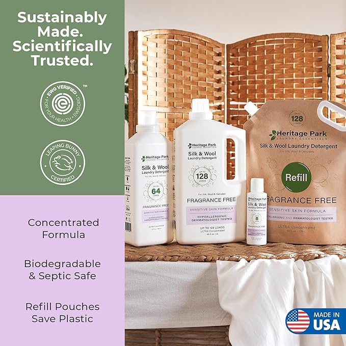 Heritage Park Silk & Wool Fragrance Free, Hypoallergenic, pH-Neutral Laundry Detergent - Dermatologist-tested, Sensitive Skin-Friendly, Enzymes-Free, Ultra Concentrated (4 Fl Oz)