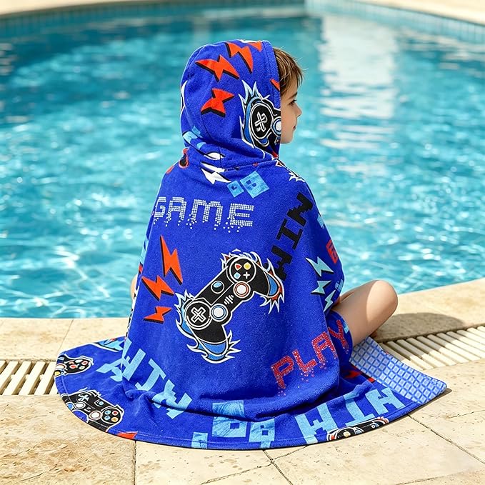 Hooded Towels for Kids - Superfine Fiber Video Gaming Gamepad Toddler Hood Bath Towels Beach Hooded Poncho Absorbent Pool Toddler Swim Bath Wrap for Boys & Girls 3-10 Years, 50 * 30 inches