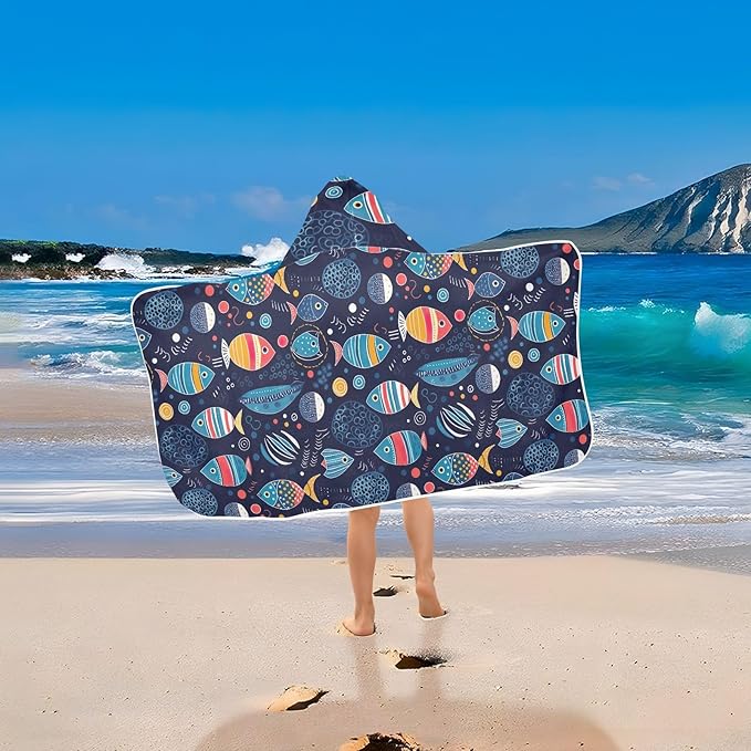 Kids Hooded Towels Colorful Tropical Fish Swimming Beach Towel 23.5" x 50" Bath Towel for Boys Girls 21216192