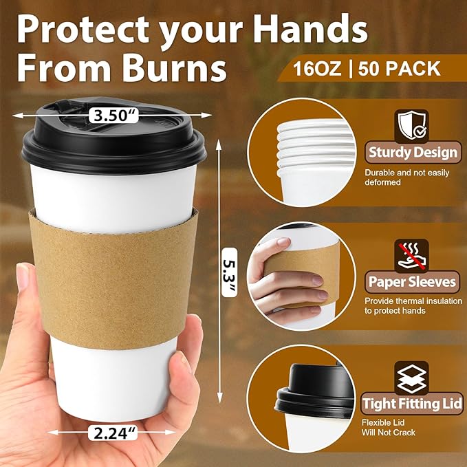 Clawsoff 50 Pack 16 oz Disposable Coffee Cups with Lids and Insulated Sleeves, Leak-free Paper and Sturdy Thick Paper Hot to Go Coffee Cups with Lids for Cold/Hot Beverage (White)