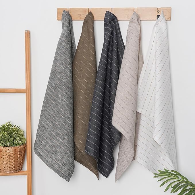 100% Pure Linen Kitchen Towels Set of 2 - French Stripe Design 18 x 24 Inch Dish Hand Towels - Handcrafted from Flax Linen Tea Towels- Linen