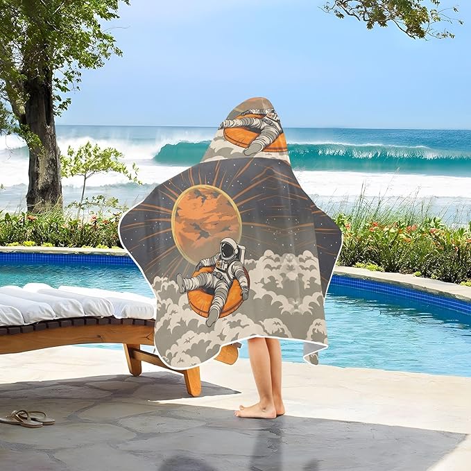 Hooded Towel for Kids Astronaut Sitting in Orange Cushion Floating in The Sky at Sunset Beach Wrap Bath Towels 50x23.5in
