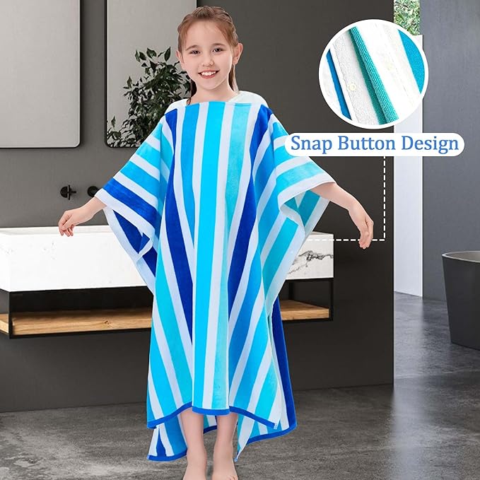 VOOVA & MOVAS Hooded Poncho Towel for Teens Unisex 100% Cotton Fresh Airy Beach Swim Bath Cover Up Blue Two Tone Stripe