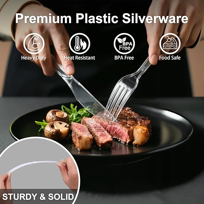 BYSNOW 360 Count Extra Heavy Duty Plastic Silverware, BPA-Free, Heat Resistant, Disposable Clear Plastic Utensils Set, Plastic Cutlery Set, Plasticware Bulk for Parties, Events and Everyday Use