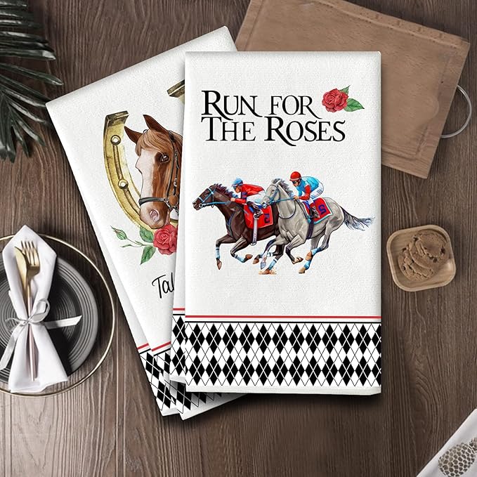 POILKMNI 2 PCS Kitchen Towels, 17.7 x 27.6'' Plaid Horse Racing Rose Tea Dish Towel Dishcloths Kitchen Hand Towels for Rustic Farmhouse Home Dining Room Table Decor