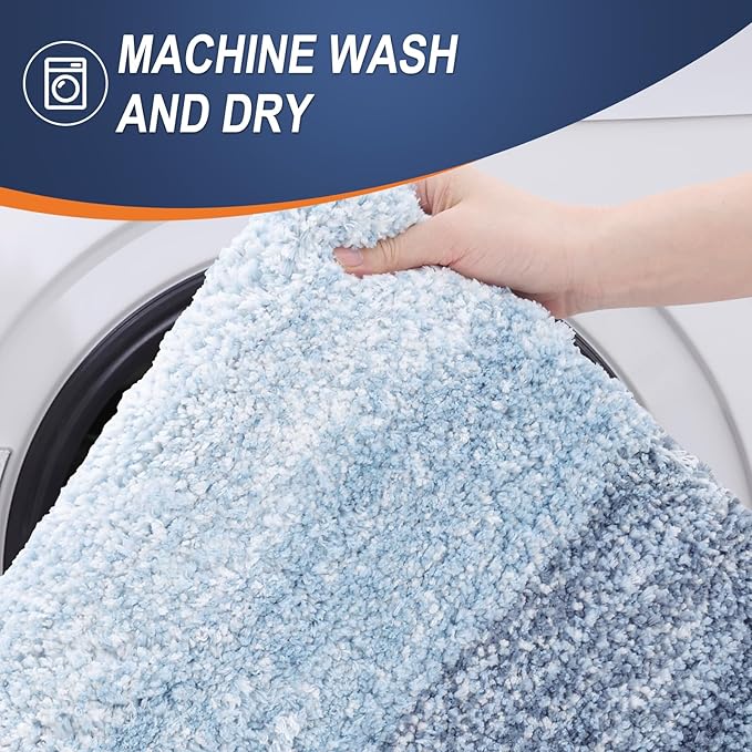 OLANLY Bathroom Rugs Sets 3 Piece, Soft Absorbent Microfiber Bath Mats and U-Shaped Contour Toilet Rug, Plush Shaggy Bath Mat Set for Bathroom (47"x20"+24"x16"+24"x20", Blue)