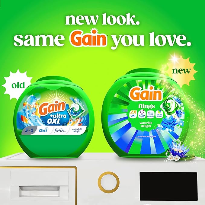 Gain Flings Liquid Washing Detergent Pacs, Now with Odor Defense + Color Guard, Waterfall Delight Scent, 4-In-1 Liquid Laundry Detergent Pods, clean & fresh, 60 Count (Pack of 4)