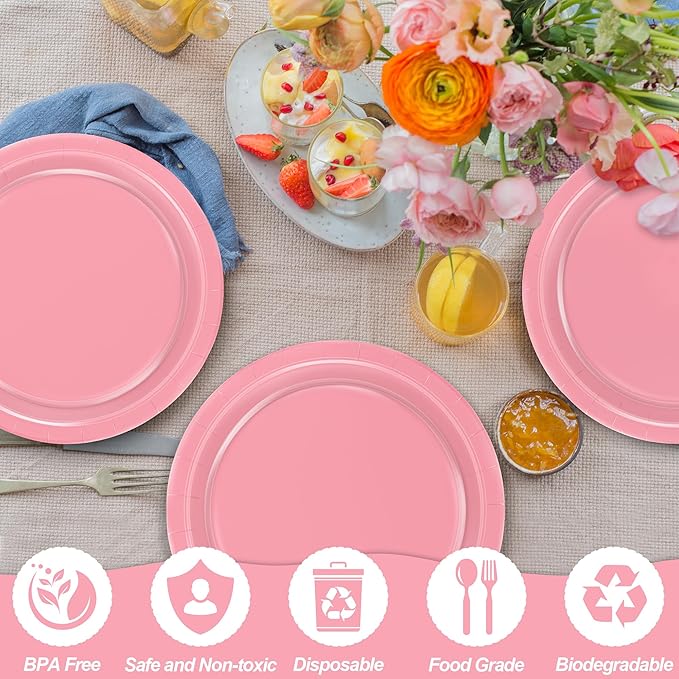 QZYL 50 PCS Pink Paper Plates, Round Disposable Paper Plates, 9 Inches Dinnerware for Everyday Use, Heavy Duty TablewarePack for Birthday Wedding Bridal Shower Christmas Party
