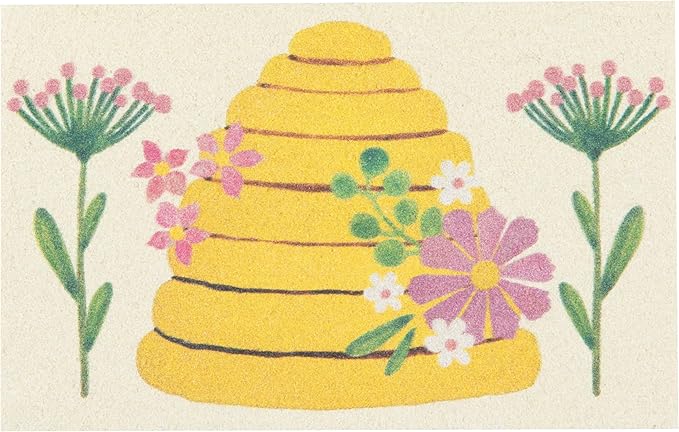 Now Designs Bee Garden Pop Up Sponges Set of 4, 100% Cellulose, Eco-Friendly, Biodegradable, W2.75 x L4.25in, Folk Art-Inspired Design