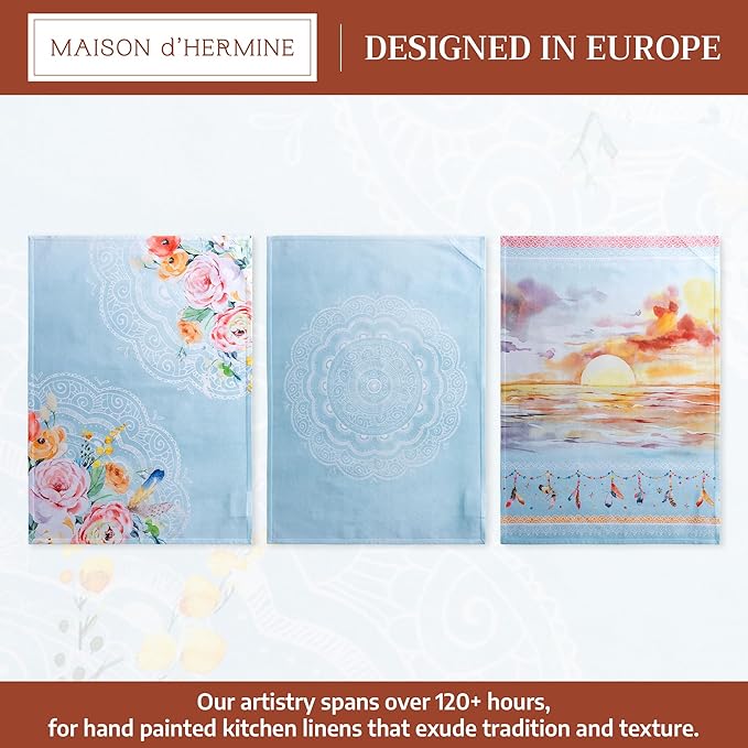 Maison d' Hermine Kitchen Towels Set of 3 100% Cotton 27.50" x 20" Reusable Cloth Tea Dish Towels Absorbent with Hanging Loop for Kitchen Farmhouse Hotel Spring Summer - Ibiza - Blue