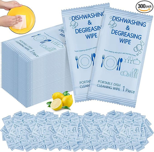 Tondiamo 300 Pcs Travel Dish Soap Wipes Individually Wrapped Dish Cleaning Wipes Disposable Portable Cleaner with Lemon Scent for Camping Kitchen Outdoor Traveling Quick Clean