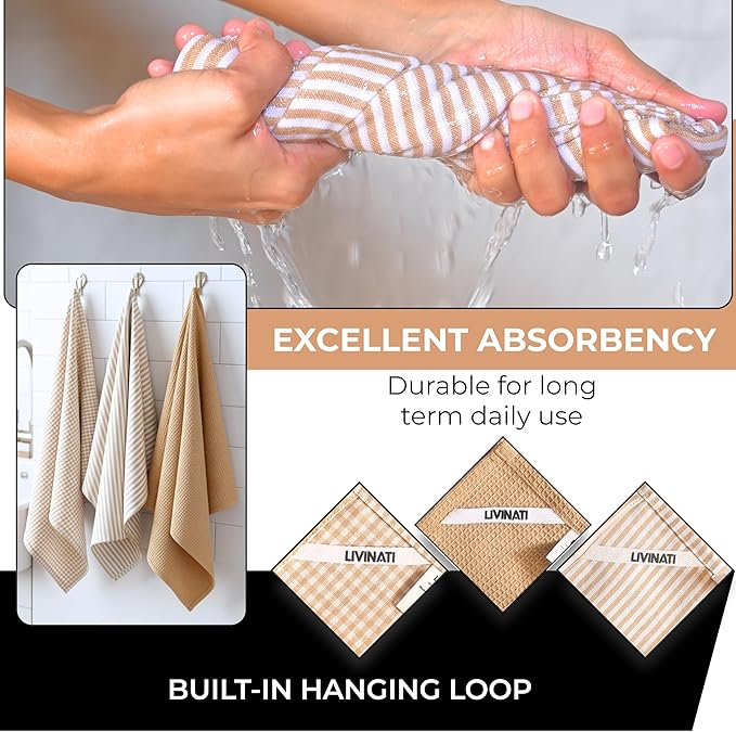 Cotton Dish Towels For Kitchen Drying - Highly Absorbent Beige Striped Gingham Plaid Tea Towels - 18"X28" Set Of 6 Farmhouse Linen Dishtowels In Bulk - Pano De Prato Para Cozinha - T Towles Towls