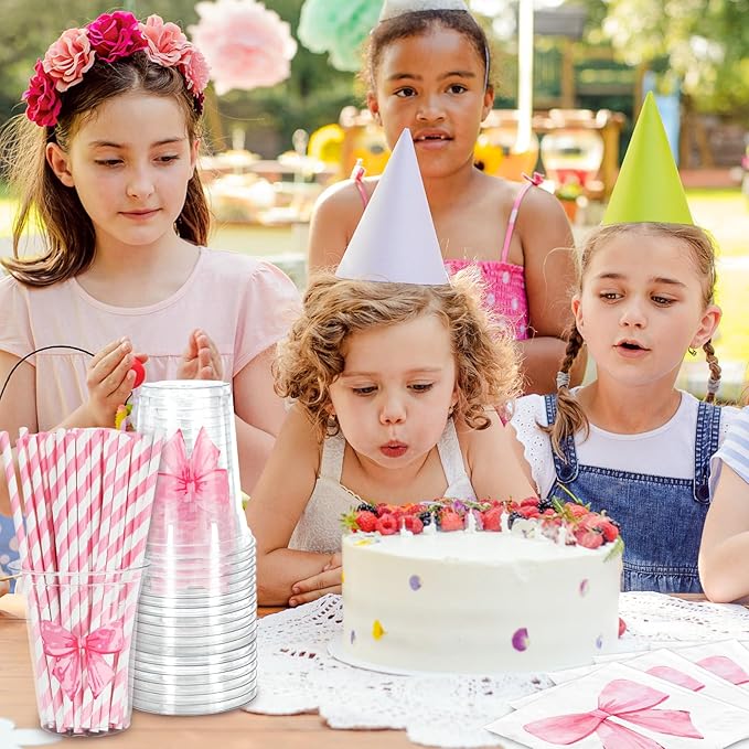 FYSUIMU 50 Set Pink Bow Tableware Set Watercolor Coquette Bowknot Paper Napkins Disposable Plastic Cups with Lids Straws for 50 Guests Valentines Wedding Bachelorette Birthday Baby Shower Party Decor