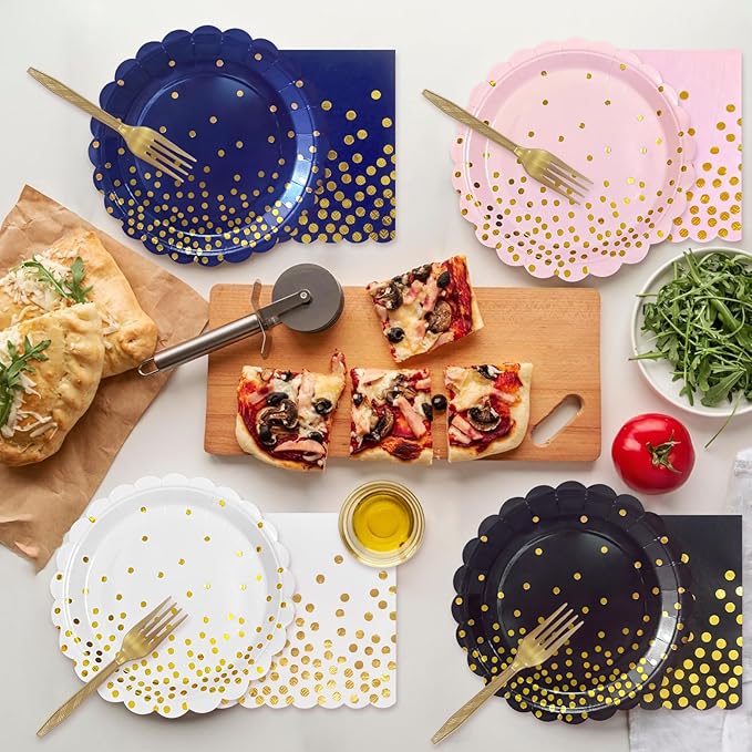 Navy Blue and Gold Paper Plates and Napkins,7 Inch Navy Blue and Gold Scalloped Disposable Dessert Plates Paper Napkin Fork Party Supplies for Wedding Baby Shower Birthday(25 Guest)