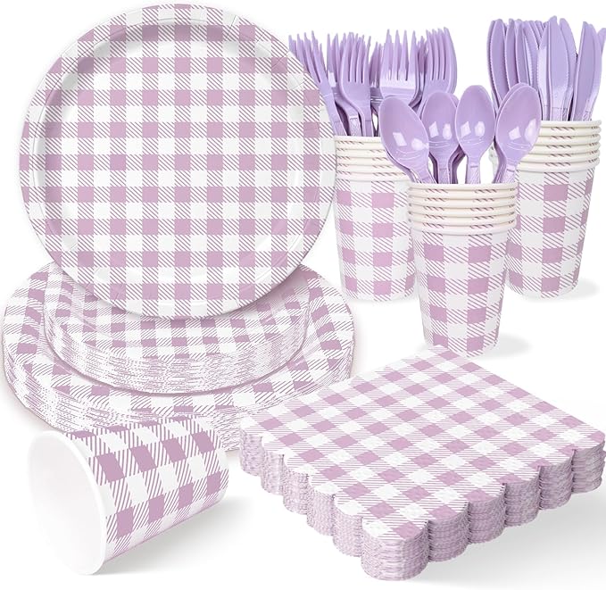 Vyntra Checkered Gingham Paper Plates and Napkins Set for 50" 9" Dinner Plates & 7" Dessert Plate, Birthday Party (Lavender Gingham, 175 Pcs)