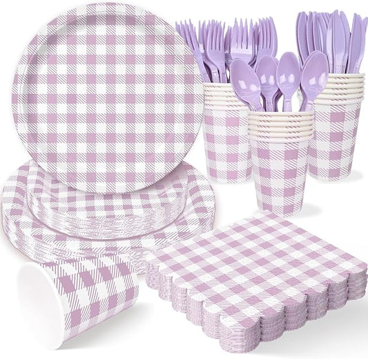 Vyntra Checkered Gingham Paper Plates and Napkins Set for 50" 9" Dinner Plates & 7" Dessert Plate, Birthday Party (Lavender Gingham, 175 Pcs)