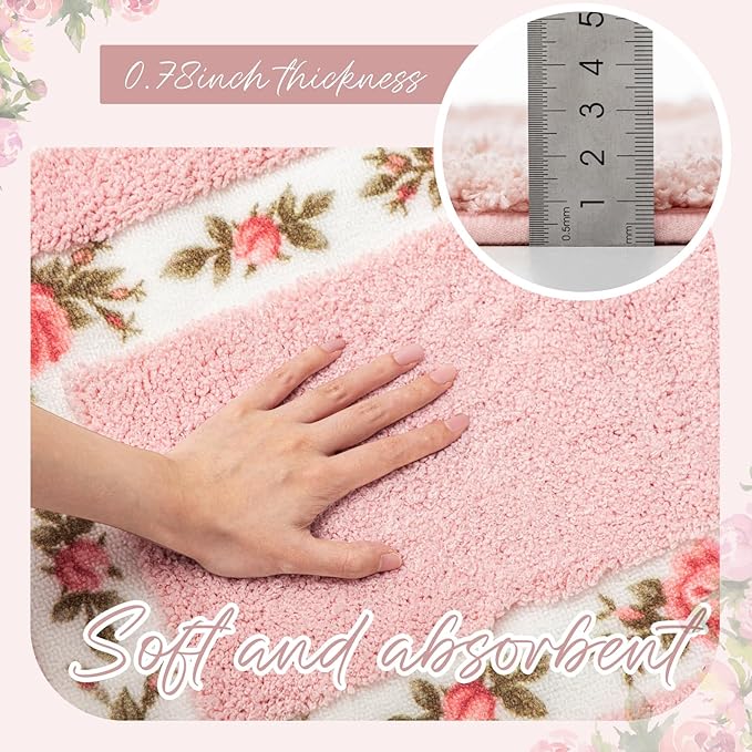 Drydiet 3 Pcs Rose Flowers Bathroom Rugs Set Coquette Room Decor Floral Carpet for Bathroom Bedroom Living Room, Floral Bath Mat Non Skid Romantic Rose Flower Area Rugs 3 Shapes(Pink,Small)