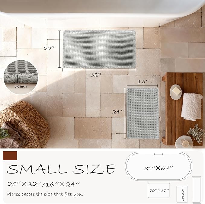 DWCN Waffle Bathroom Mat Set, Super Absorbent Non Slip Bath Rug Set for Bathroom Floor, Shower Mats 2 Pcs for Tub, Washable Kitchen Rugs for Farmhouse Boho Home Decor, 24"x16"Plus 32"x20", Grey