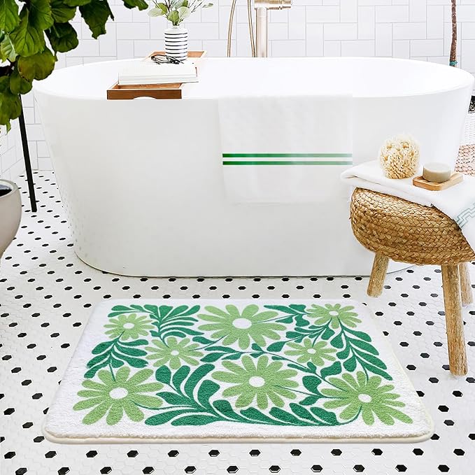 SHIYUE Cute Green Flower Bath Mat for Bathroom Rugs, Ultra Soft and Fluffy Microfiber Water Absorption Non Slip Mat for Bedroom Kitchen Bathroom Toilet Floors(18"×26")