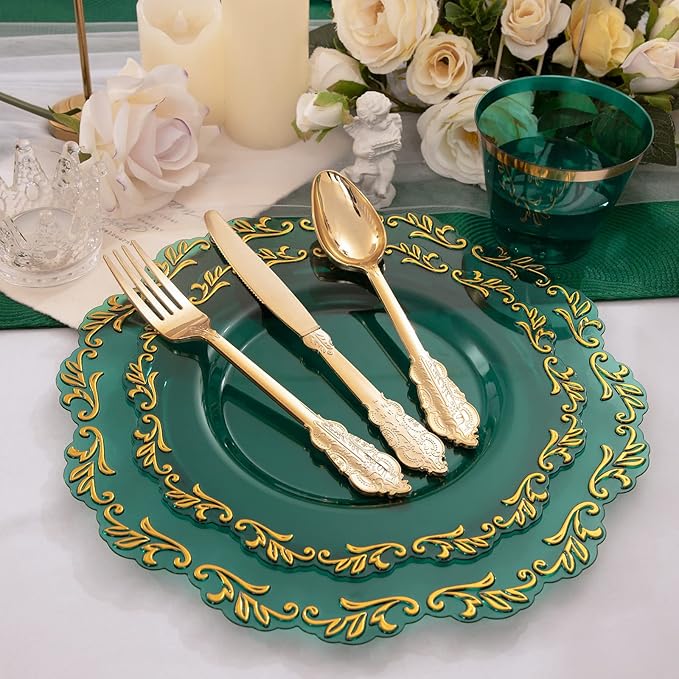 PULOTE 175PCS Clear Green Plastic Plates & Gold Plastic Silverware & Clear Green Cups & Gold Napkins Service 25 Guest for Party&Christmas