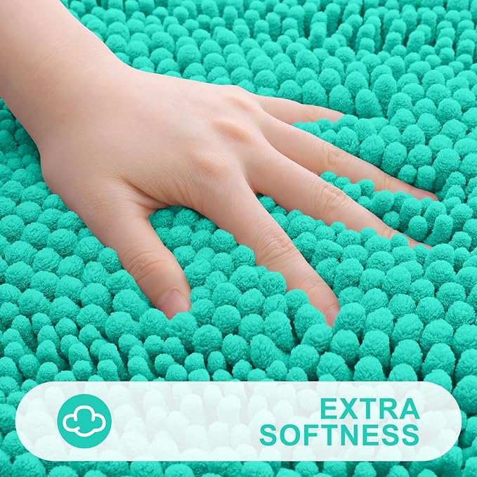 Grandaily Chenille Striped Bathroom Rugs 47x24, Extra Thick and Absorbent Bath Mats, Non-Slip Soft Plush Shaggy Shower Carpet, Machine Wash Dry, Bath Rug for Bathroom, Teal