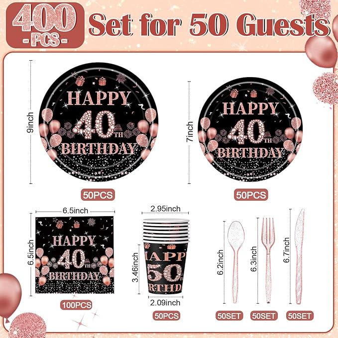 Pickmesh 400 Pcs 40th Birthday Decorations for Women, Includes 40th Birthday Plates, Napkins, Cups, and Cutlery for Party Favors, Cheer to 40 Year for Her, Serves 50 Guests