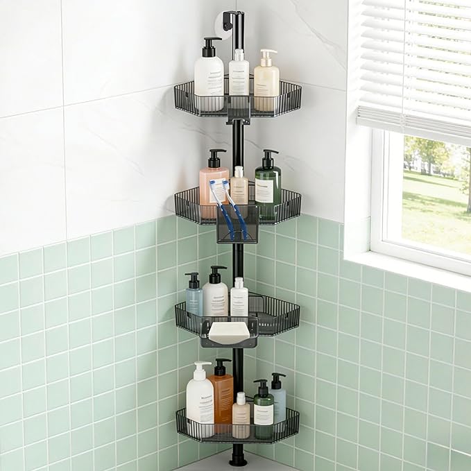 4 Tier Corner Shower Caddy with Modular Poles ABS Basket & Carbon Steel Shower Organizer Adjustable Tension Rod Screw Free Shower Caddy Wall Mounted Rack Shelves Storage Bathroom Accessories