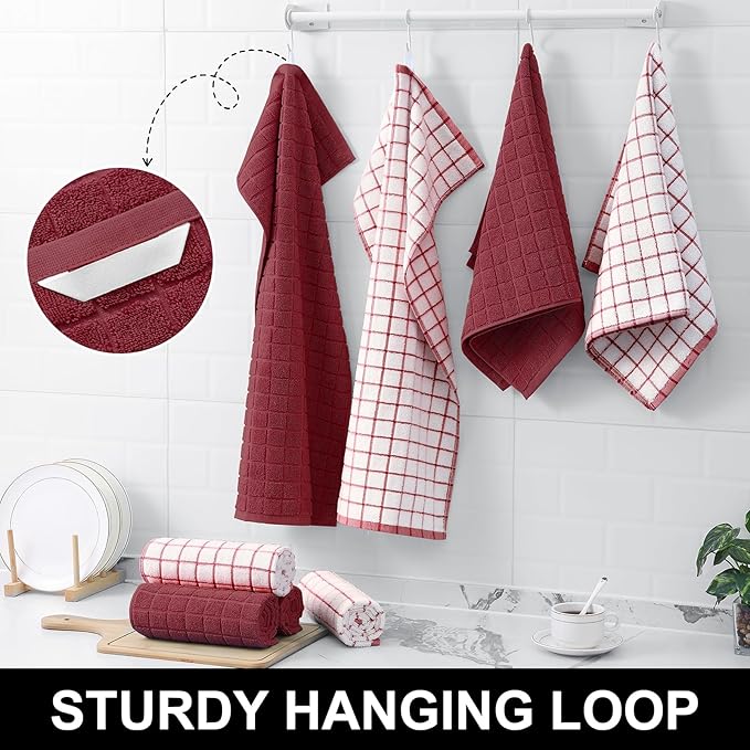 Homaxy Premium Cotton Kitchen Towels 16"x 28", Large Natural Ring Spun 390 GSM Dish Towels, Super Absorbent Terry Kitchen Hand Towels, Soft Tea Towels with Hanging Loop, Red Check Design,6 Pack