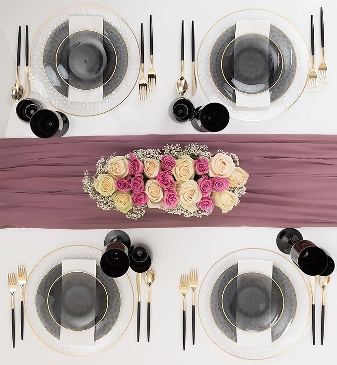 PLASTICPRO 30 Pack Hammered Plastic Plates Heavyweight Disposable Plastic Plates Elegant Transparent Black Plates With Gold Rim Platsic Party Dishes (Transparent Black With Gold Rim, 7'' INCH PLATES)