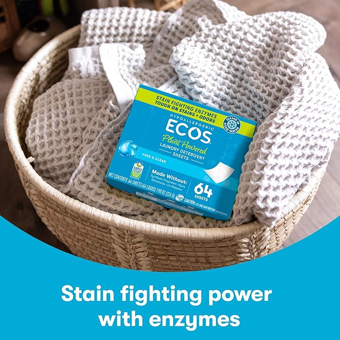 ECOS Laundry Detergent Sheets Vegan, No Plastic Jug, No Mess, Liquid Free - Hypoallergenic, Plant Powered Laundry Detergent Sheet - Lavender Vanilla - 64 Count (Pack of 1)