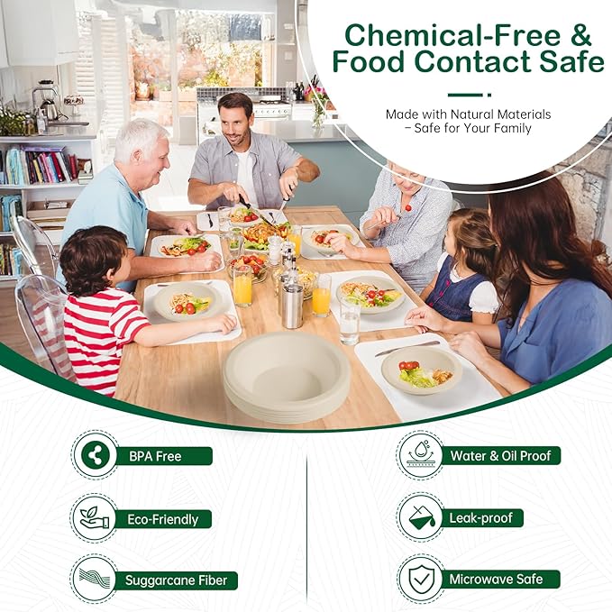 16 oz 128-Pack Compostable Paper Bowls, Disposable Salad & Soup Bowls, Heavy-Duty Bagasse Bowls for Pasta, Chili & Rice, Microwave & Freezer Safe, Eco-Friendly (Natural)