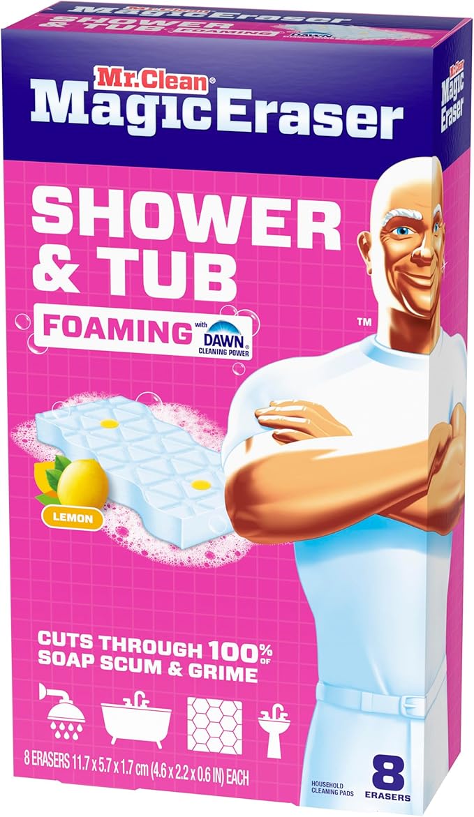 Mr. Clean Magic Eraser Sponge, Bathroom, Shower, Tub Cleaner, Soap Scum Remover, Bathroom Cleaning Supplies, Dawn Cleaning Power with Lemon Scent, Shower & Tub, 8ct (Pack of 4)