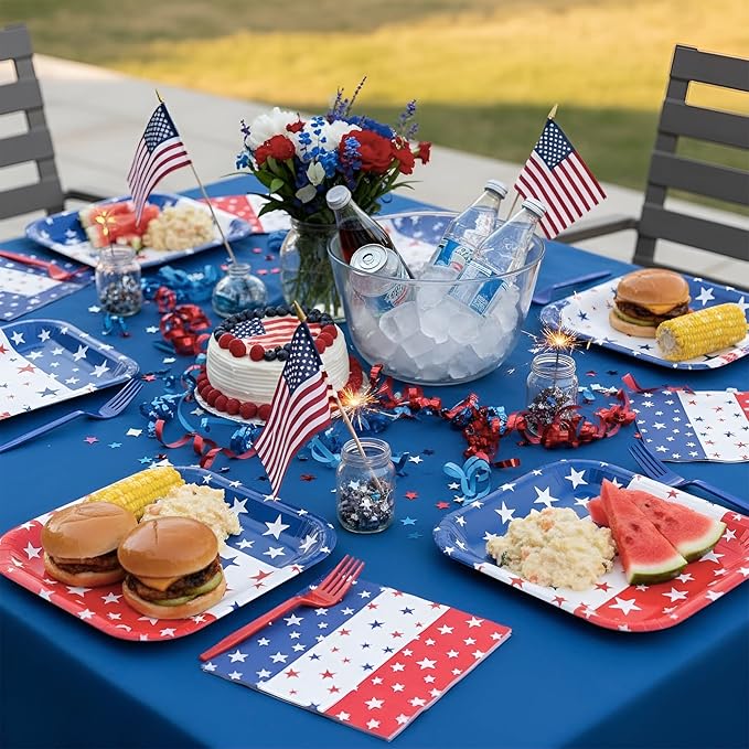 Patriotic Plates and Napkins,96Pcs 4th of July Tableware Set, American Flag Patriotic Party Supplies with Disposable Paper Plates, Napkins,Forks for 250th Anniversary Independence Day,Serves 24