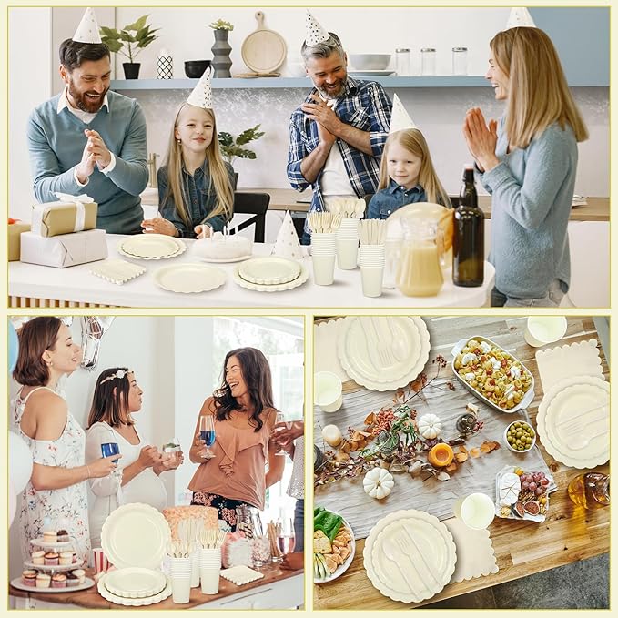 175 Pcs Ivory Paper Plates and Napkins, Beige Party Supplies Include Scalloped Cream Plates Napkin Cup Plastic Cutlery for Wedding, Bridal&Baby Shower, Birthday