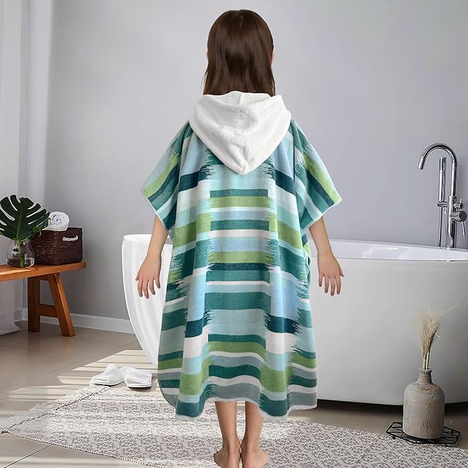 VOOVA & MOVAS Hooded Poncho Towel for Teens Unisex 100% Cotton Trendy Stylish Beach Pool Swim Cover Up Green Blue Geometric Pattern