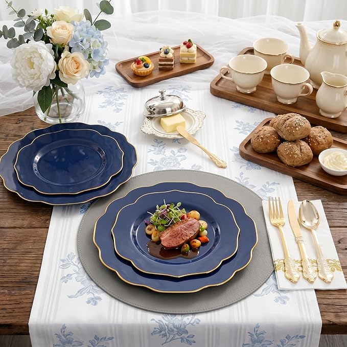 NOCCUR 175PCS Blue Plastic Plates with Disposable Silverware - Include 50 Blue Disposable Plates with Gold Rim,75 Gold Cutlery,25 Cups,25Napkins for Party/Wedding/Graduation/Memorial Day
