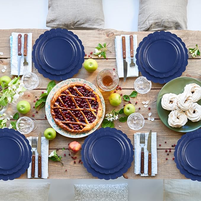 175 Pcs Navy Blue Plates and Napkins, 25 Guest Navy Blue Graduation Party Supplies Includes Scalloped Plates Napkins Cups Plastic Cutlery for 2026 Graduation, Birthday, Wedding, Picnic