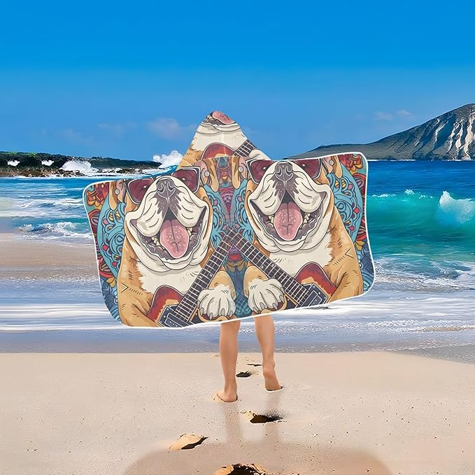 Hooded Towel for Kids Happy Bulldog Playing Guitar Beach Wrap Bath Towels 50x23.5in