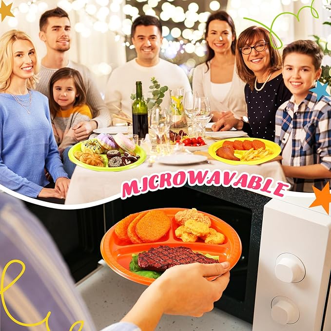 Teenyyou 50 Pcs 10 Inch Plastic 3 Compartment Divided Plates Heavy Disposable Round Dinner Plates with Dividers for Wedding Birthday Party Dinnerware (Neon Color)