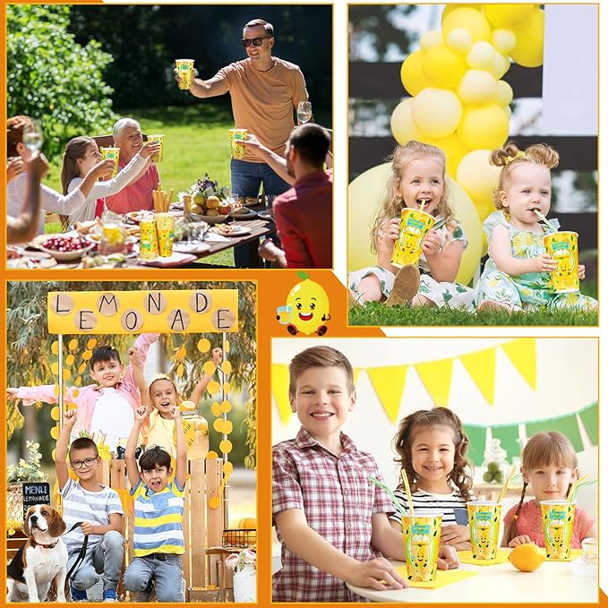 Tessco 150 Pcs 50 Sets Lemonade Paper Cups with Lids and Straws 16 oz Disposable Iced Coffee Paper Cup Summer Cold Cups for Lemonade Stand Supplies Fruit Party Beverages Drinks Juices