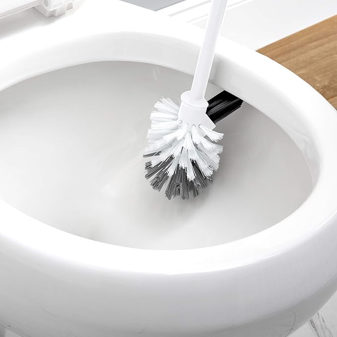 Bath Bliss Self Closing Lid Toilet Brush with Rim Scrubber | Dimensions: 5. 9" x 5. 3" x 15. 4" | Self Closing | 360 Degree Bristle | Bathroom Cleaning | Separate Rim Scrubber | White