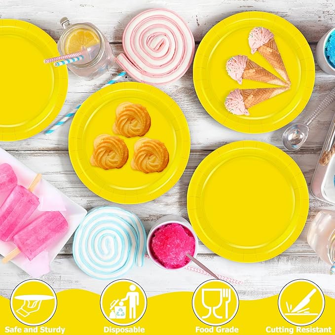 QZYL 50 Pieces Small Paper Plates, 7 Inches Yellow Dessert Dinnerware, Elegant Disposable Tableware Set, Paper Plates Heavy Duty, Party Supplies for Birthday Parties BBQs Picnics Events Gatherings