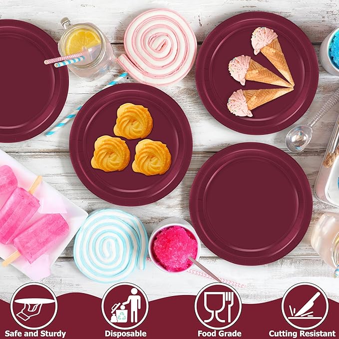 QZYL 50 Pieces Paper Plates, 7" Burgundy Bulk Dessert Plates, Disposable Plates Party Supplies, Round Small Paper Plates, Burgundy Party Decorations for Bridal Dinner Holiday Travel Valentines