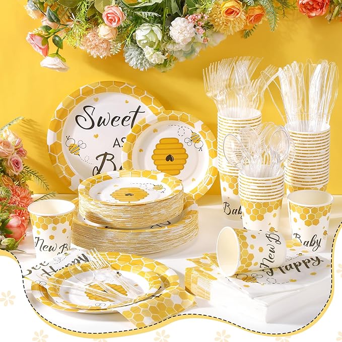 FillTouch 350 Pcs Bee Party Tableware for 50 Guests Baby Shower Bee Paper Plates Disposable Napkins Cups Plastic Knives Fork Spoon for Birthday Wedding