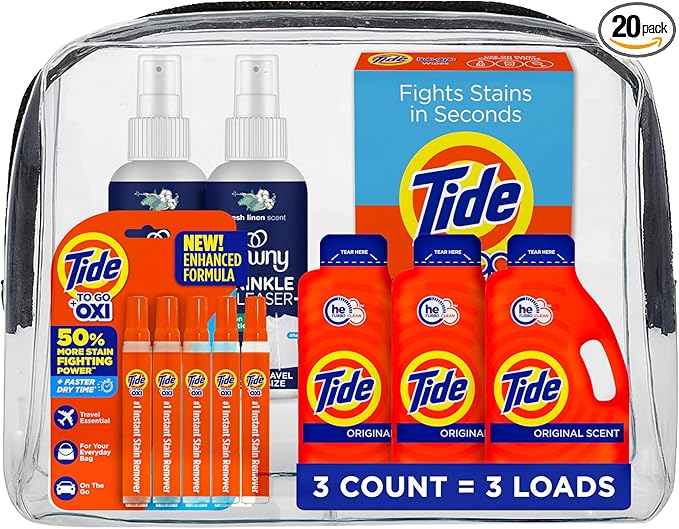 Tide Cruise Essentials Bundle - Includes Liquid Detergent, Tide Stain Remover Wipes, Stain Remover Pen & Downy Wrinkle Releaser Spray - Travel and RV Essentials Pack