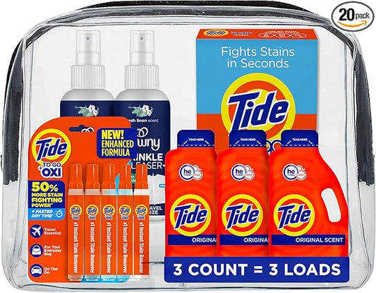 Tide Cruise Essentials Bundle - Includes Liquid Detergent, Tide Stain Remover Wipes, Stain Remover Pen & Downy Wrinkle Releaser Spray - Travel and RV Essentials Pack