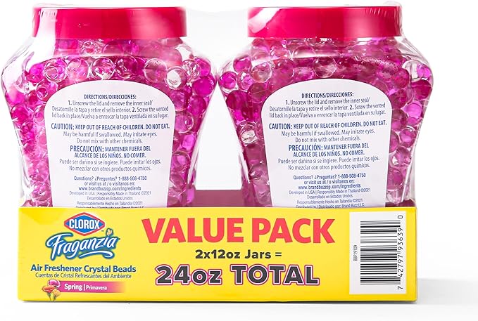 Clorox Fraganzia Crystal Beads Air Freshener Twin Pack, Long Lasting Room Deodorizer and Odor Eliminator Gel Beads for Home, Car, or Office, Spring Scent, 24 Fl Oz - 6 Pack