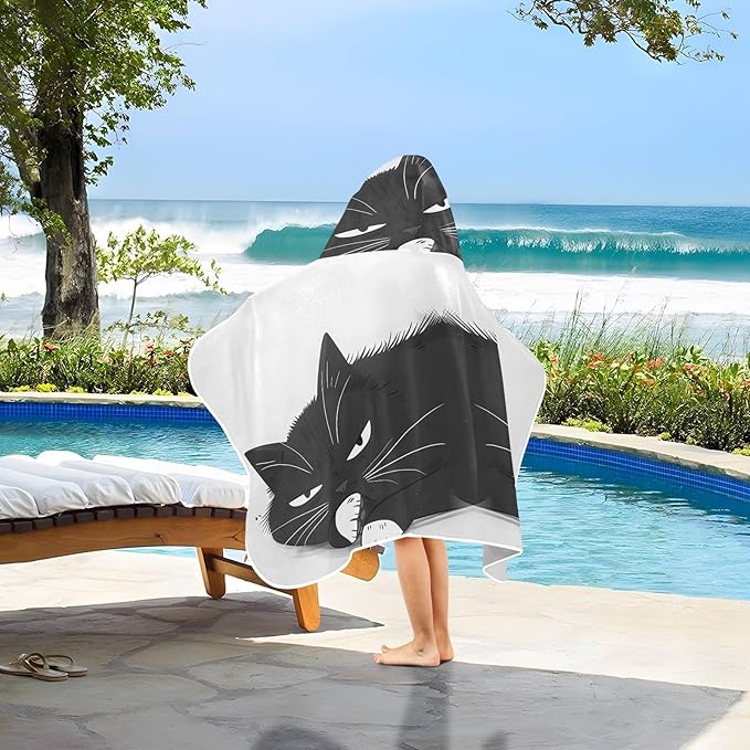 Hooded Towel for Kids Black Cat Lying Lazily Beach Wrap Bath Towels 50x23.5in