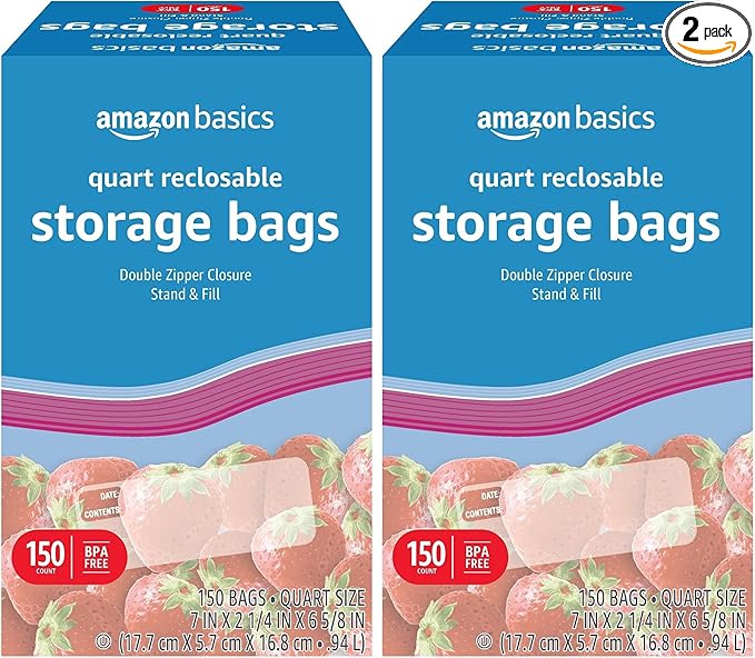 Amazon Basics Reclosable Quart Food Storage Bags with Double Zipper Seal, BPA Free, 150 Count (Pack of 2)